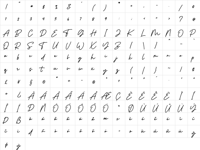 Romedance Regular  glyph index
