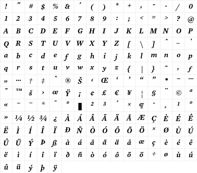 Mercury Text G3 Semibold Italic  glyph index