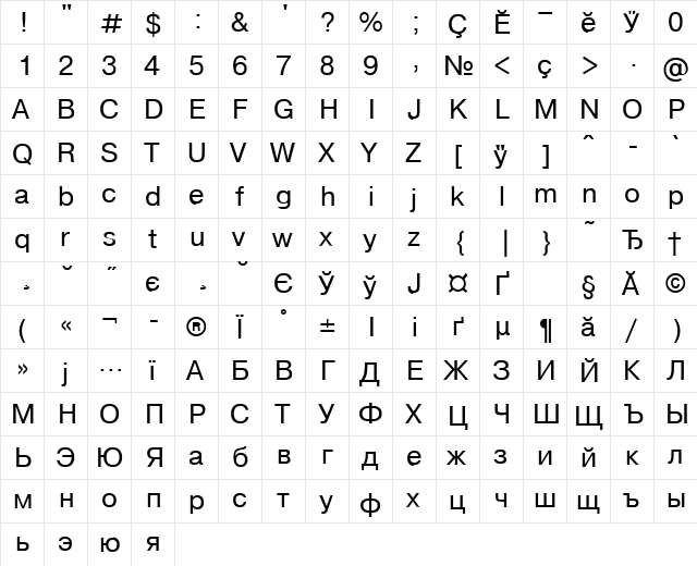 PragmaticaChvFVI Regular  glyph index