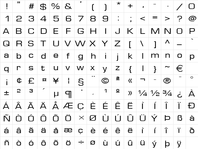 EurasiaExtended Normal  glyph index
