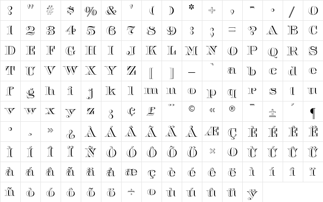 Barclay Outline CG Regular  glyph index