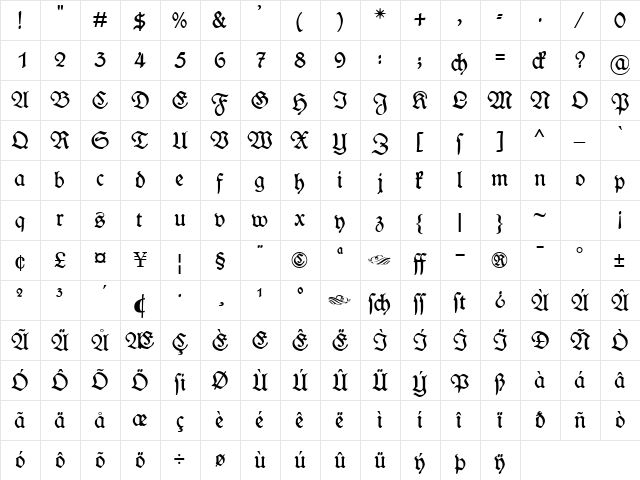 Wieynk Fraktur Regular  glyph index
