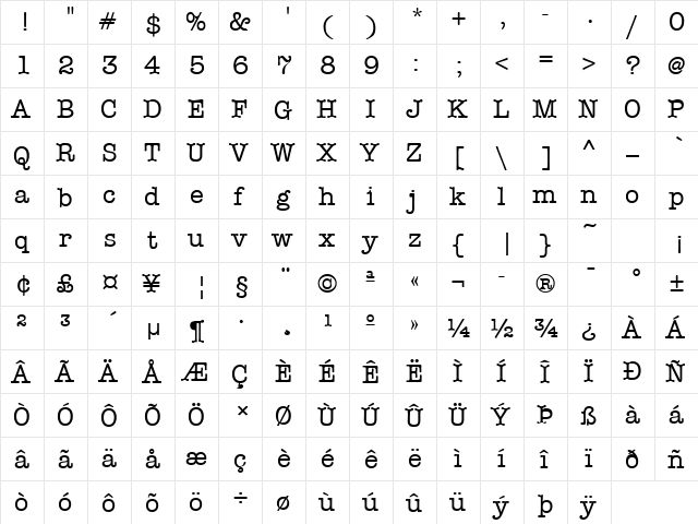 Typewriter Regular  glyph index