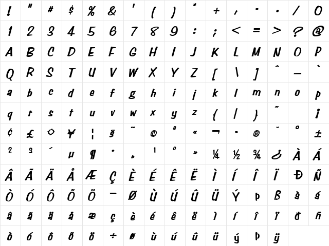 Simpson Heavy Italic  glyph index