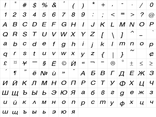 HebarExtended Italic  glyph index