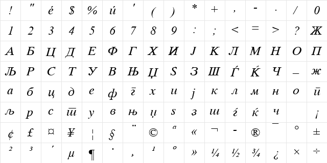 Macedonian Tms Italic  glyph index