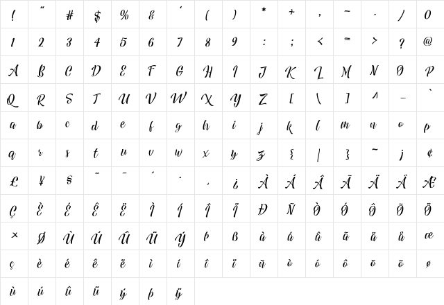 Quickers Regular  glyph index