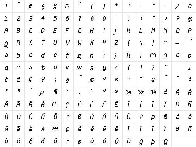 TantalusItalic Regular  glyph index