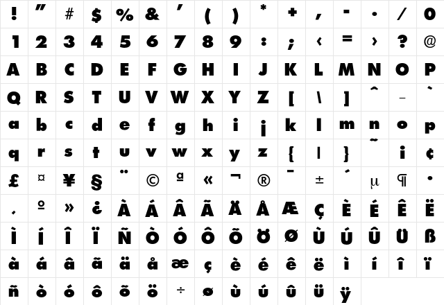 Limerick-Heavy Regular  glyph index