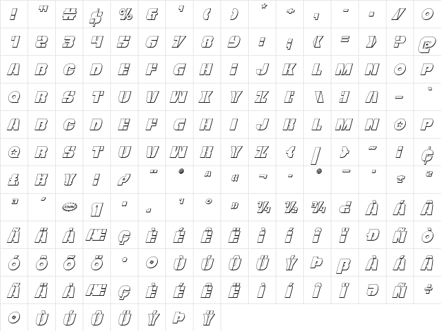 Freedom Fighter 3D Italic Regular  glyph index