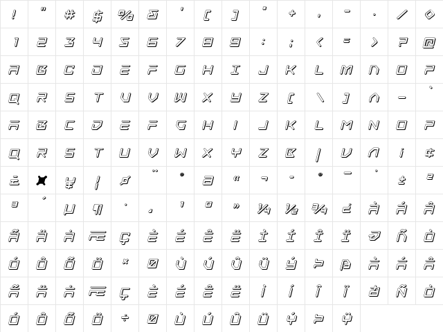 Tempest Apache 3D Italic Italic  glyph index