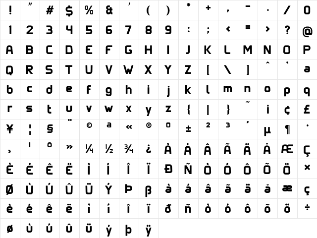 Clipangle Bold  glyph index