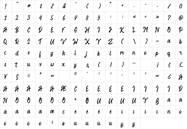 Rocky Run Regular  glyph index