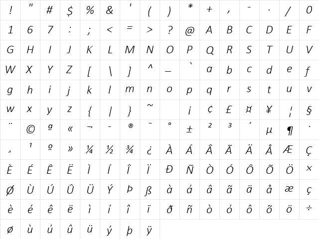 Calibri Light Italic Italic  glyph index