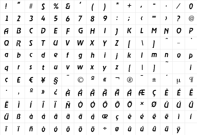 OnStageSerial-Medium Italic  glyph index