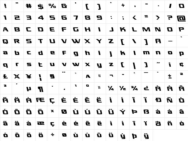 Grand National Leftalic Italic  glyph index