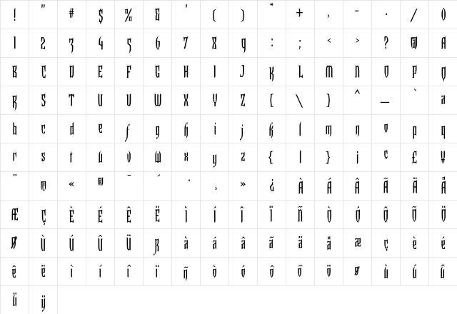 Kruella Regular  glyph index