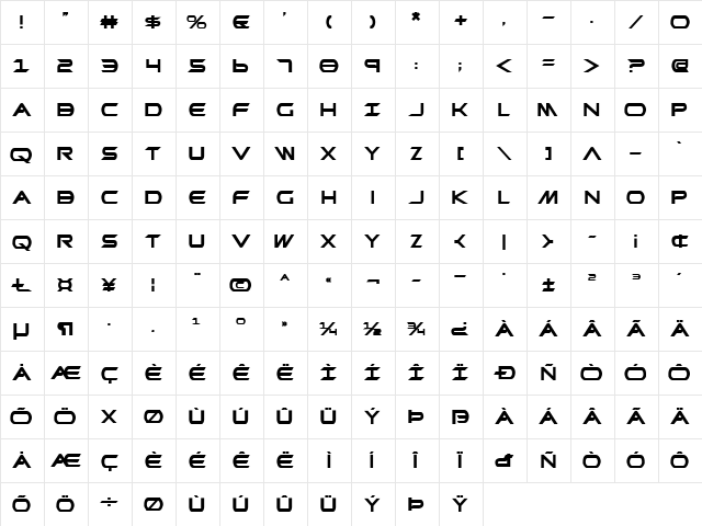 Promethean Bold Bold  glyph index