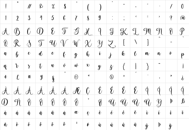 Brightside Regular  glyph index