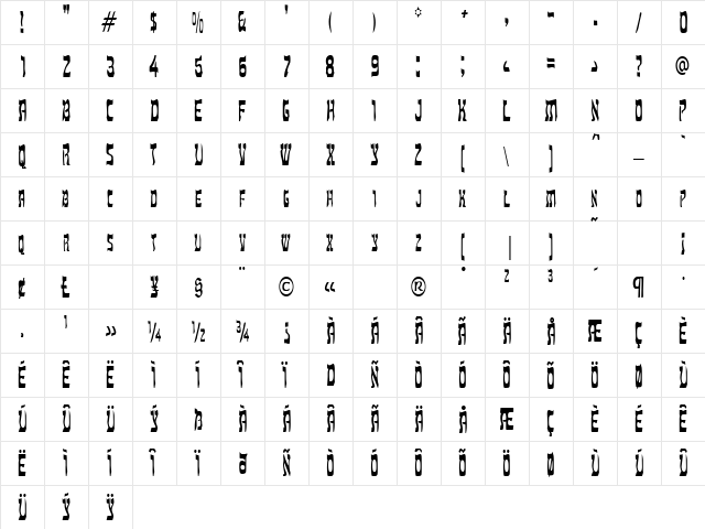 HebrewCondensed Regular  glyph index