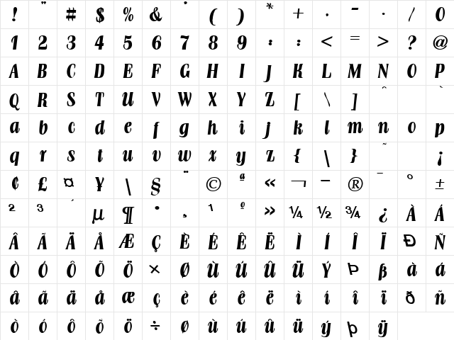 Broach Bold  glyph index