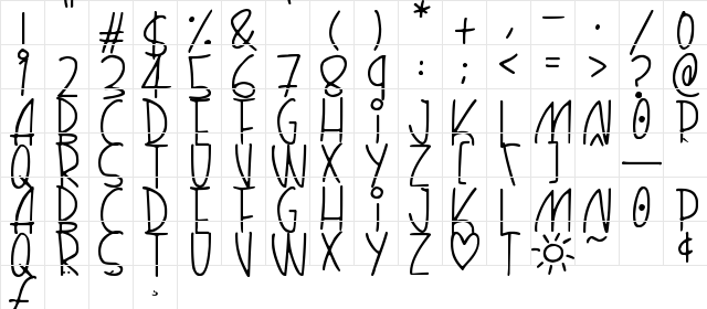 Quirky Thins Regular  glyph index