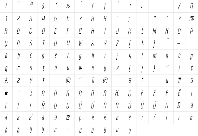 Matica SubnormalOblique  glyph index