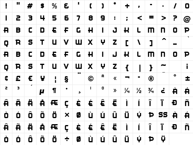 Cinema Gothic BTN Regular  glyph index