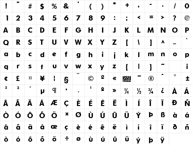 SharnayExtrabold Regular  glyph index