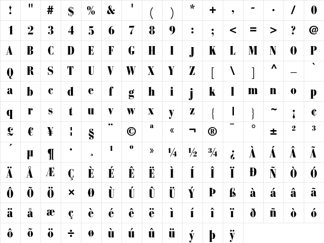 Bauer Bodoni LT Regular  glyph index