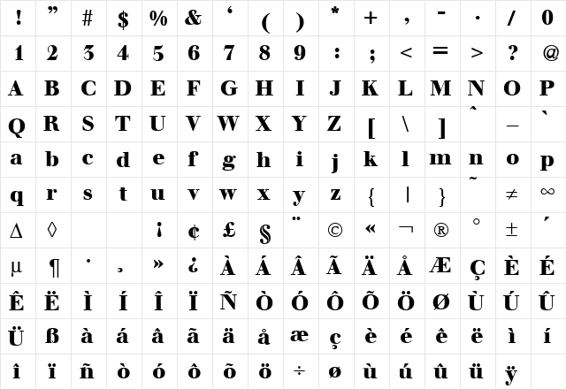 WalbaumDisplayHeavy Regular  glyph index