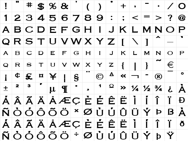 CobaltWide Bold  glyph index