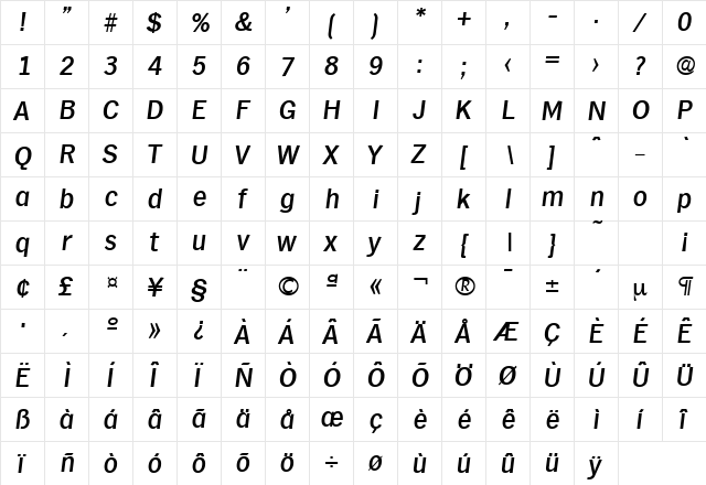 Hamburg-Serial-Medium RegularItalic  glyph index