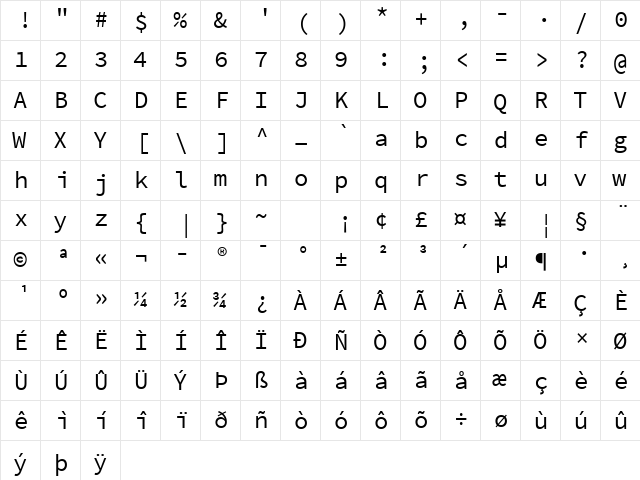 Source Code Pro Regular  glyph index