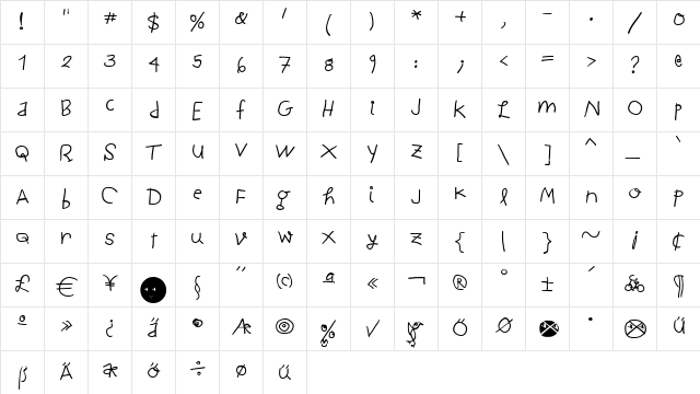 ChildWritten Bold  glyph index