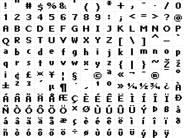FFF Neostandard Bold Extended Regular  glyph index