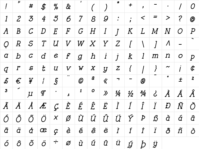 Rough LT Bold Italic  glyph index