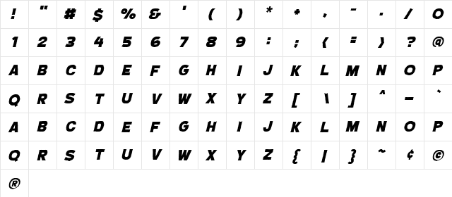 CryptCreep Heavy BB Italic  glyph index