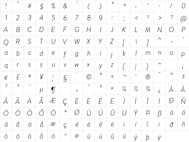 Brandon Text Light Italic  glyph index