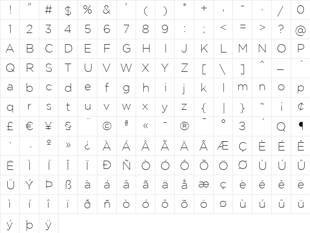 Gotham ExtraLight Regular  glyph index