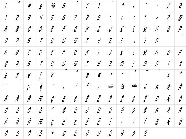 Blizzard Shaft Condensed SupIt Regular  glyph index