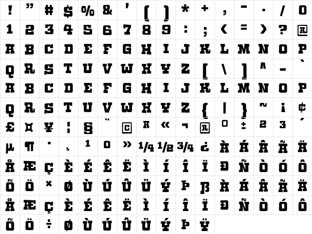 Calaboose DEMO Regular  glyph index