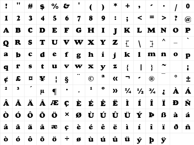 Goudy MT Extra Bold Regular  glyph index