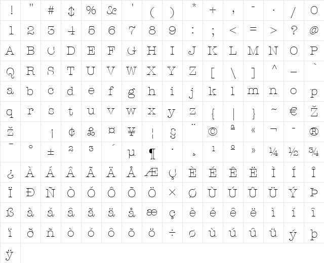 AmericanTypewriter LT Light Regular  glyph index