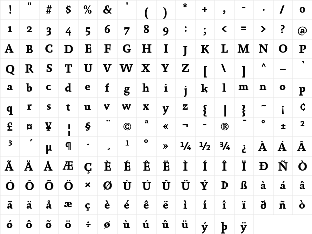 Absara Bold Regular  glyph index