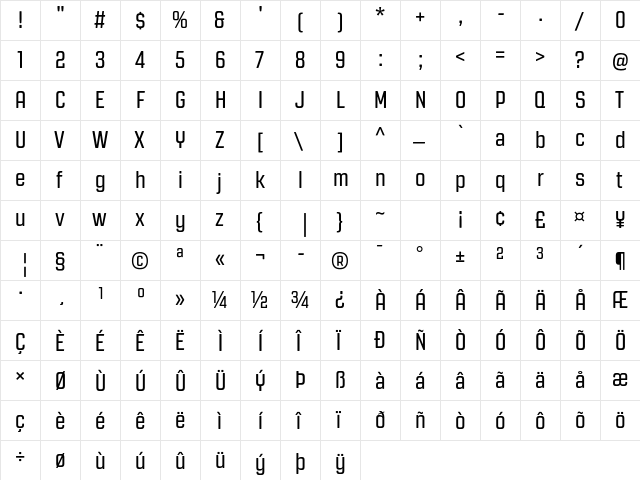 Revolution Gothic Regular  glyph index