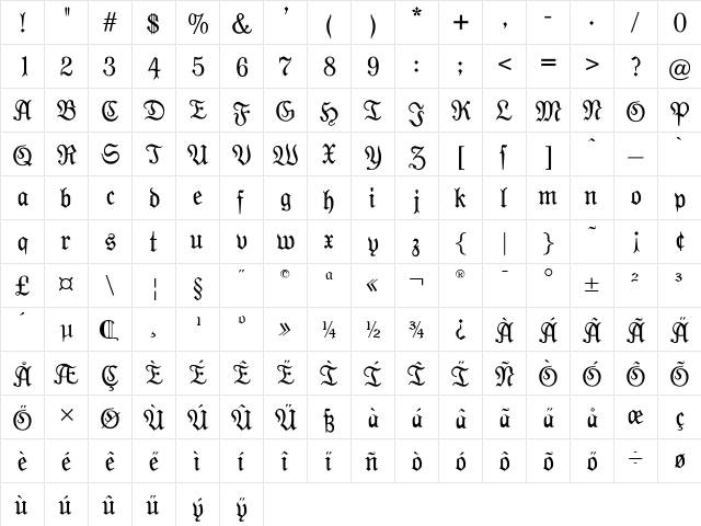 Moderne Fraktur Regular  glyph index
