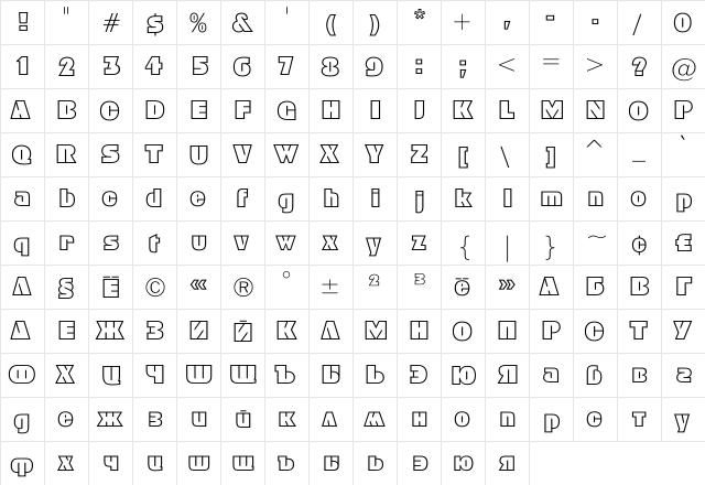 GeoC Regular  glyph index