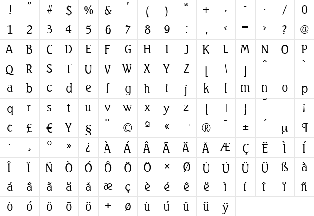 SeagullSerial-Light Regular  glyph index