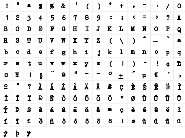 Erica Type Bold  glyph index